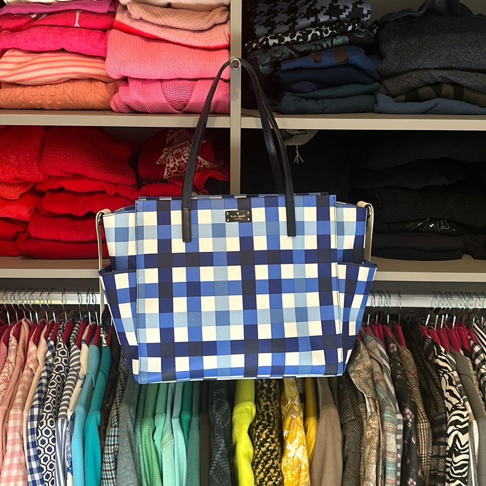 Kate Spade blue and white plaid tote bag/crossbody